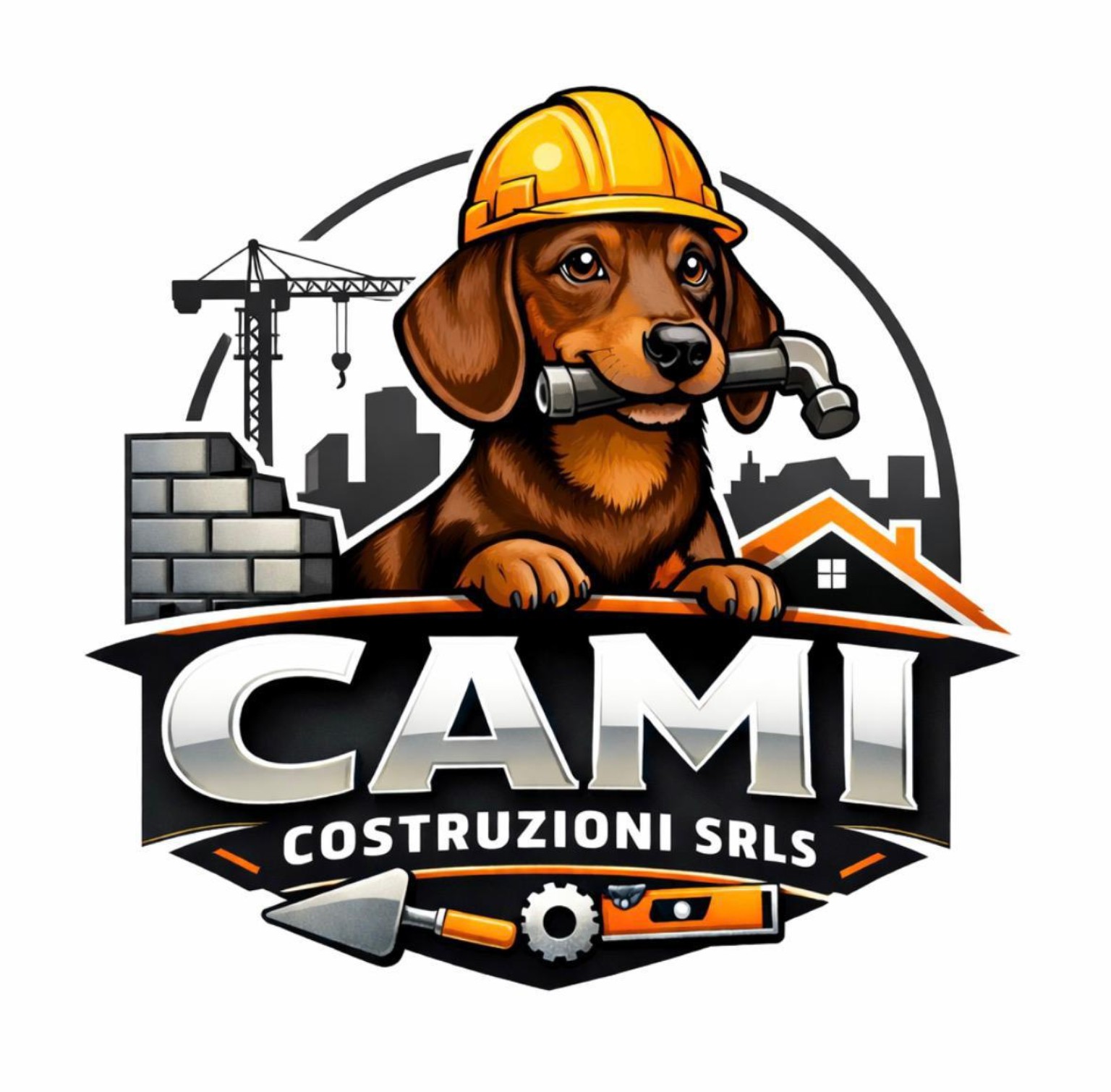 Logo CAMI Costruzioni SRLS: un cane con casco da cantiere davanti a edifici e attrezzi
